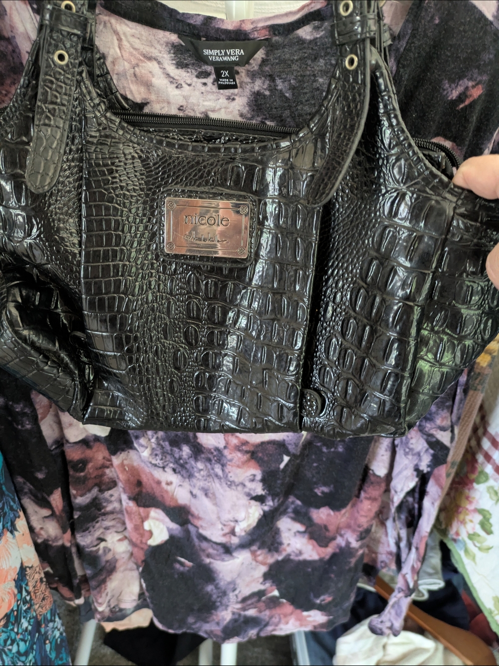 Nicole Black Croc-Embossed Satchel